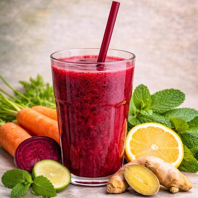 Beet Root, Carrot, Ginger, Mint, lemon.